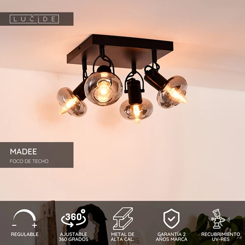 Lucide MADEE - Foco de techo - 4xE14 - Negro - USP